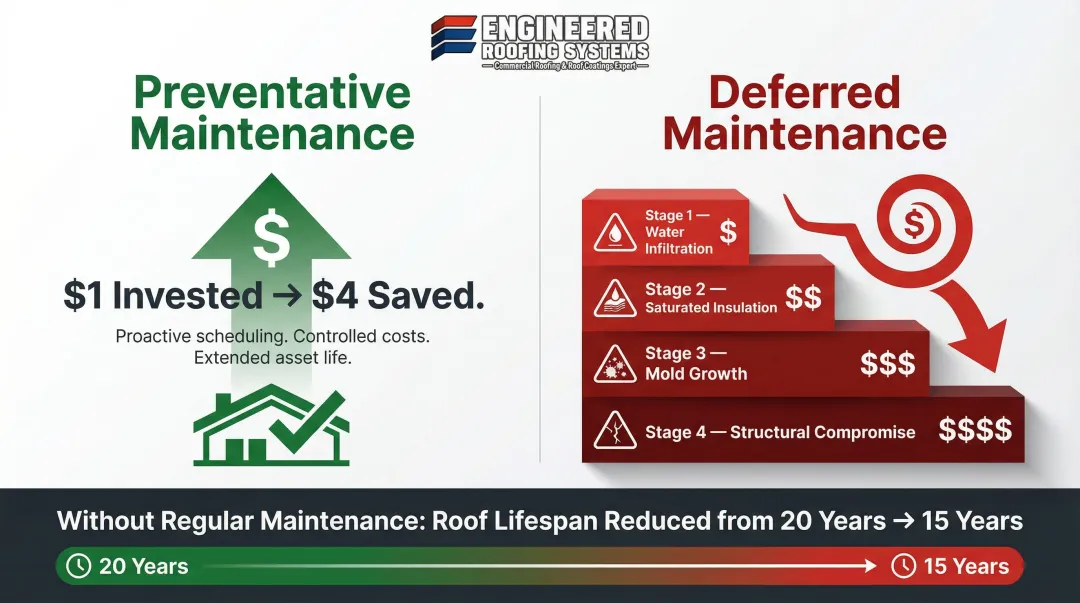 Preventative roof maintenance versus emergency repair cost comparison infographic
