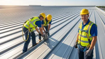 Commercial standing seam metal roof installation with mechanical seaming equipment on industrial building
