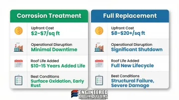 Corrosion treatment versus full roof replacement side-by-side cost and conditions comparison