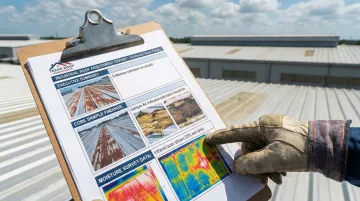 Industrial metal roof inspection findings report showing core sample and moisture survey results