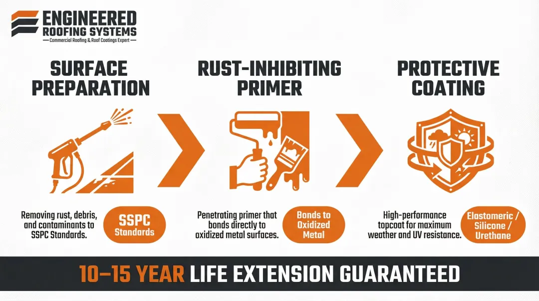 Three-stage industrial roof corrosion treatment process surface prep primer coating