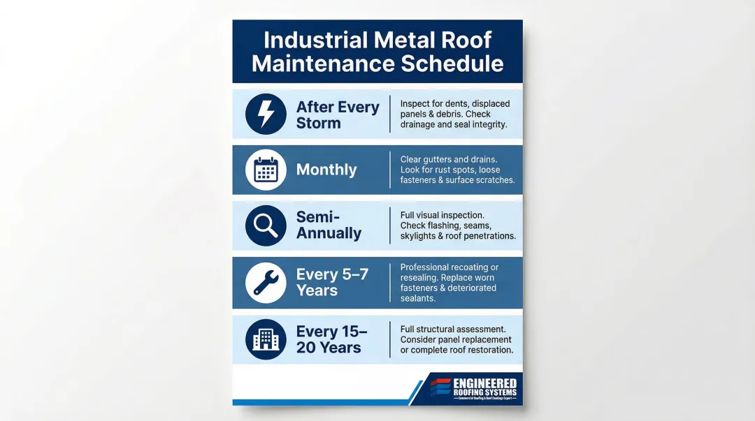 Industrial metal roof maintenance schedule five-frequency timeline infographic