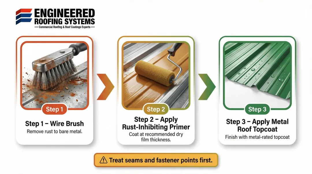3-step industrial metal roof surface rust treatment process flow diagram