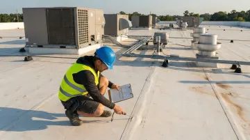Commercial roofing inspector conducting planned maintenance assessment on industrial facility roof