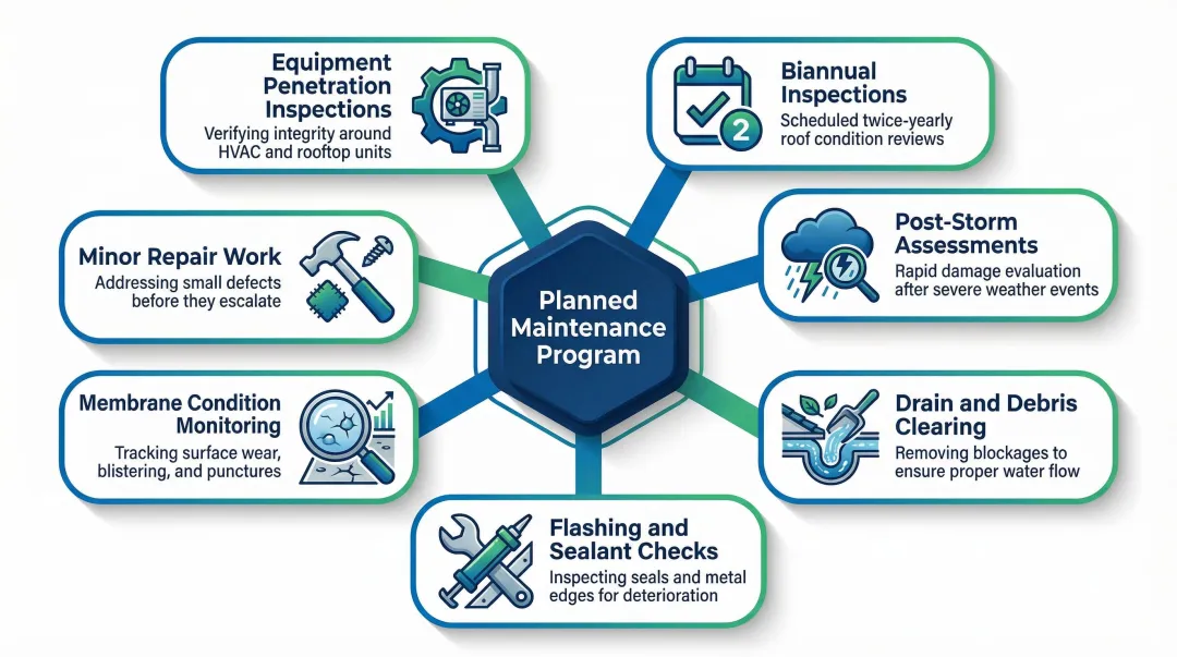 7-component commercial roof planned maintenance program checklist infographic