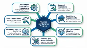 7-component commercial roof planned maintenance program checklist infographic
