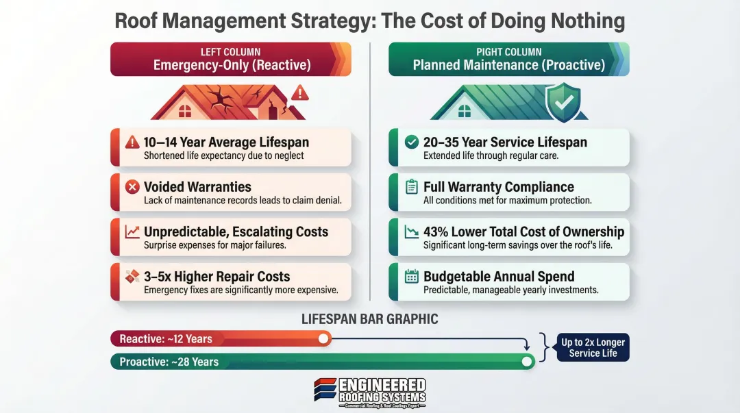 Reactive versus proactive roof lifespan comparison showing 10-35 year service difference