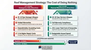 Reactive versus proactive roof lifespan comparison showing 10-35 year service difference