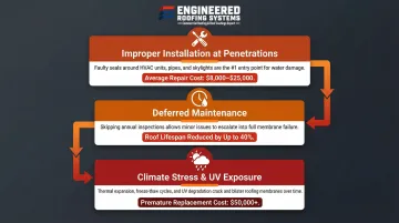 Three common causes of premature commercial roof failure infographic