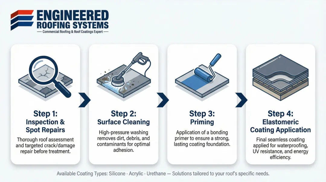Four-step commercial roof coating restoration process flow diagram