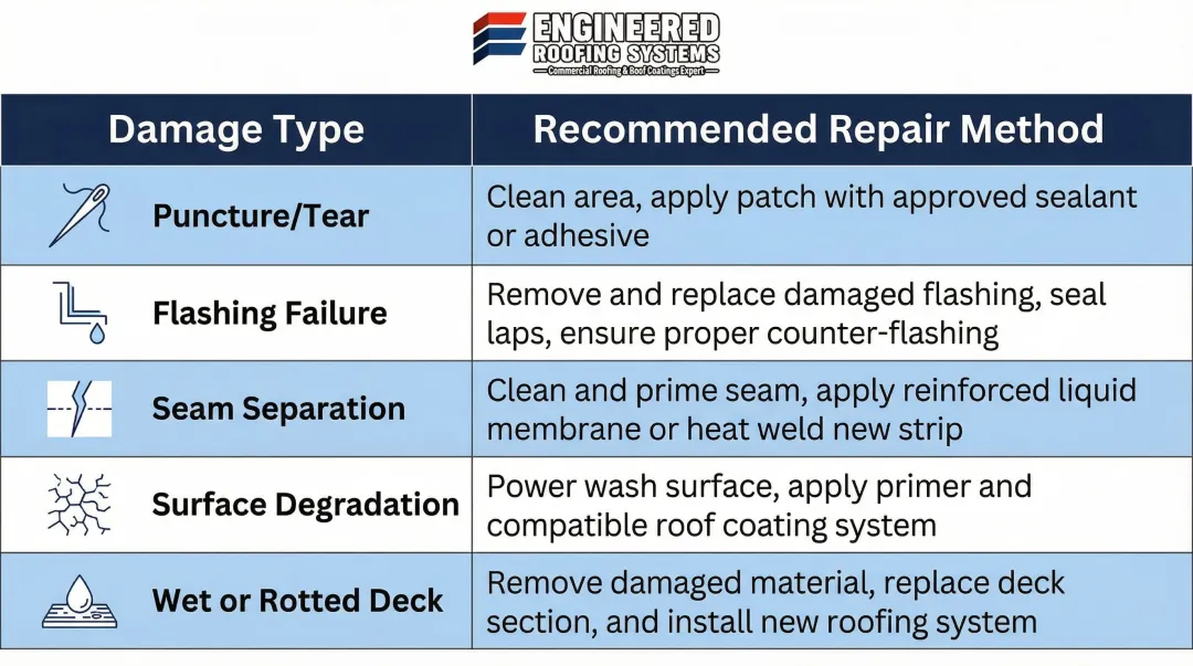 Commercial roof damage type to repair method decision framework comparison chart