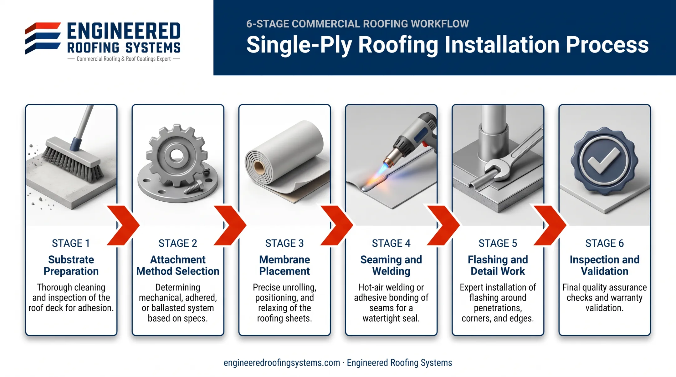 6-step single-ply roofing installation process flow diagram