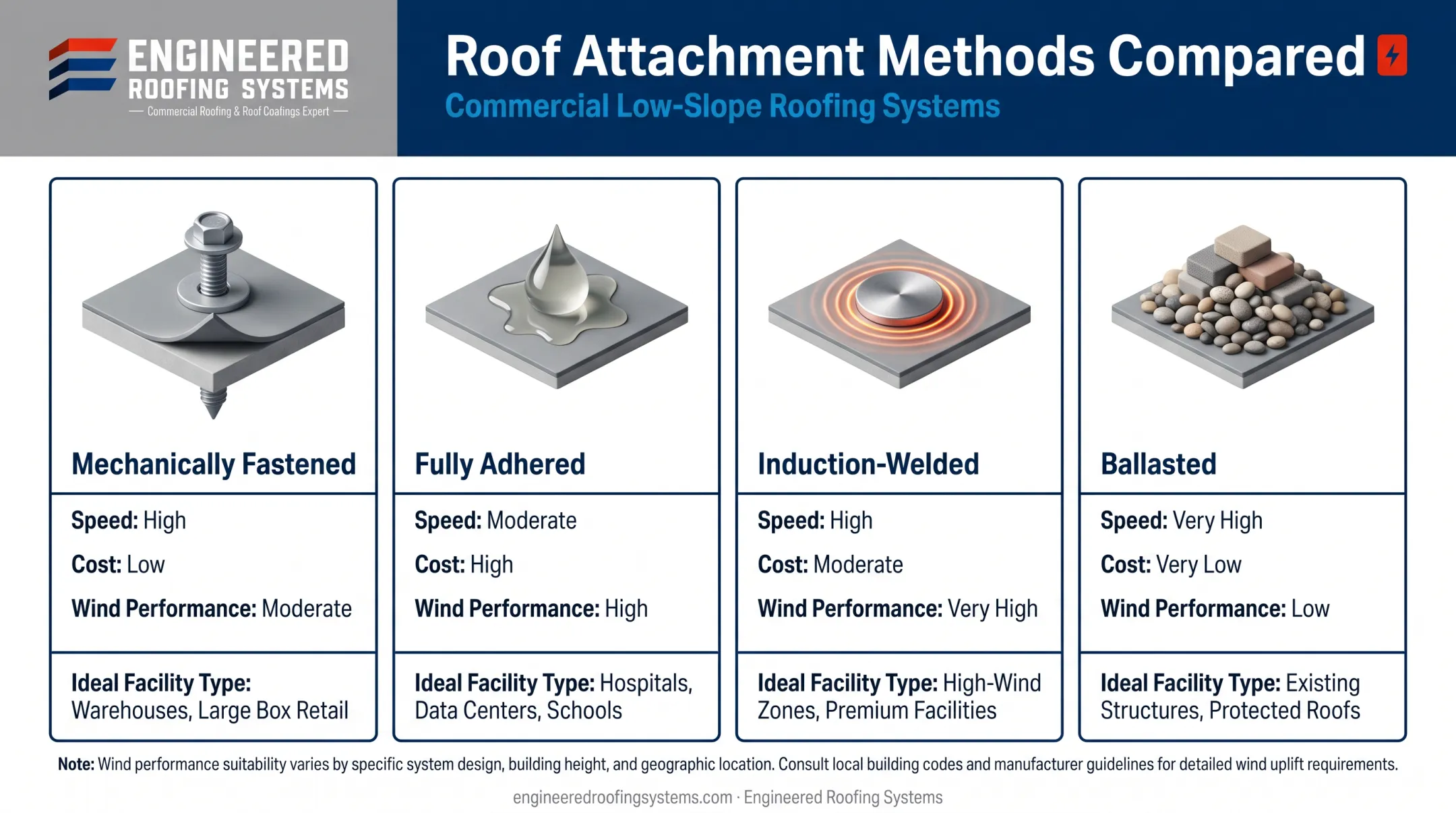 Comparison of four single-ply roof attachment methods and best uses