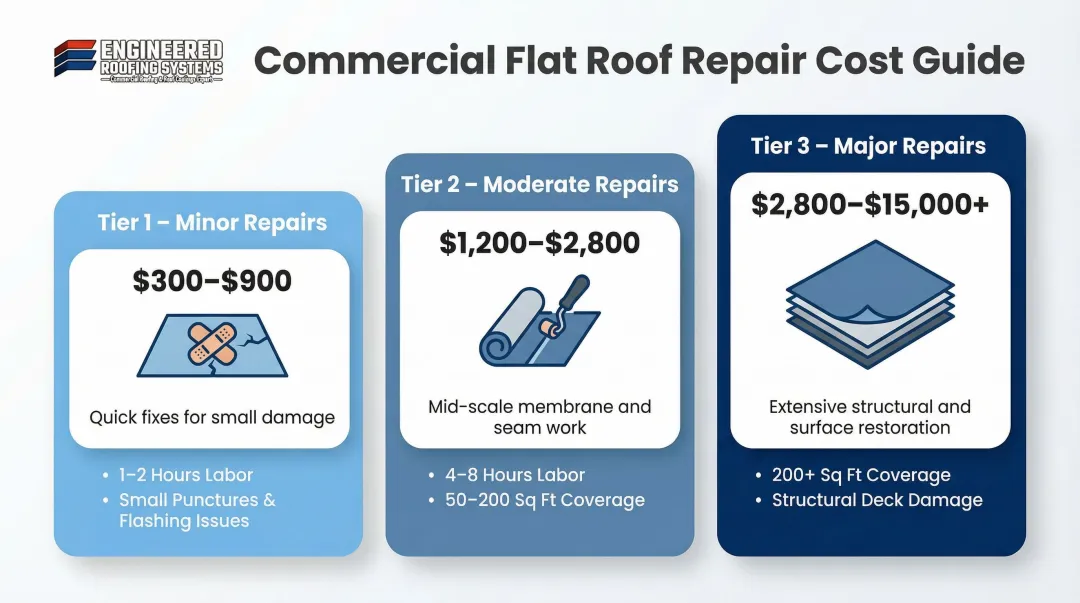 Three-tier commercial flat roof repair cost ranges minor moderate major damage