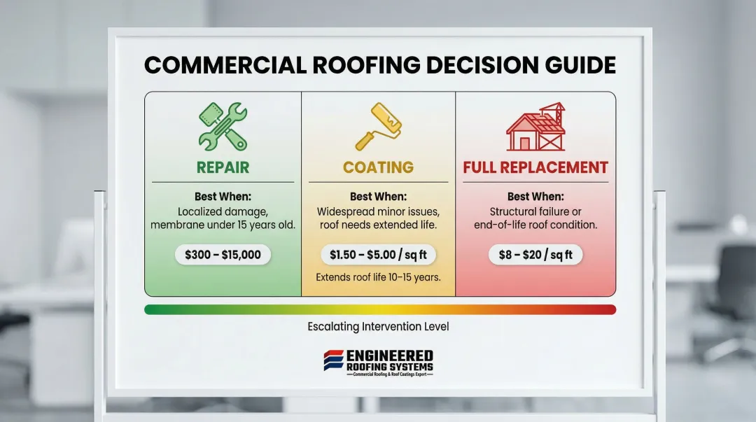 Repair versus coating versus full replacement decision framework for commercial flat roofs
