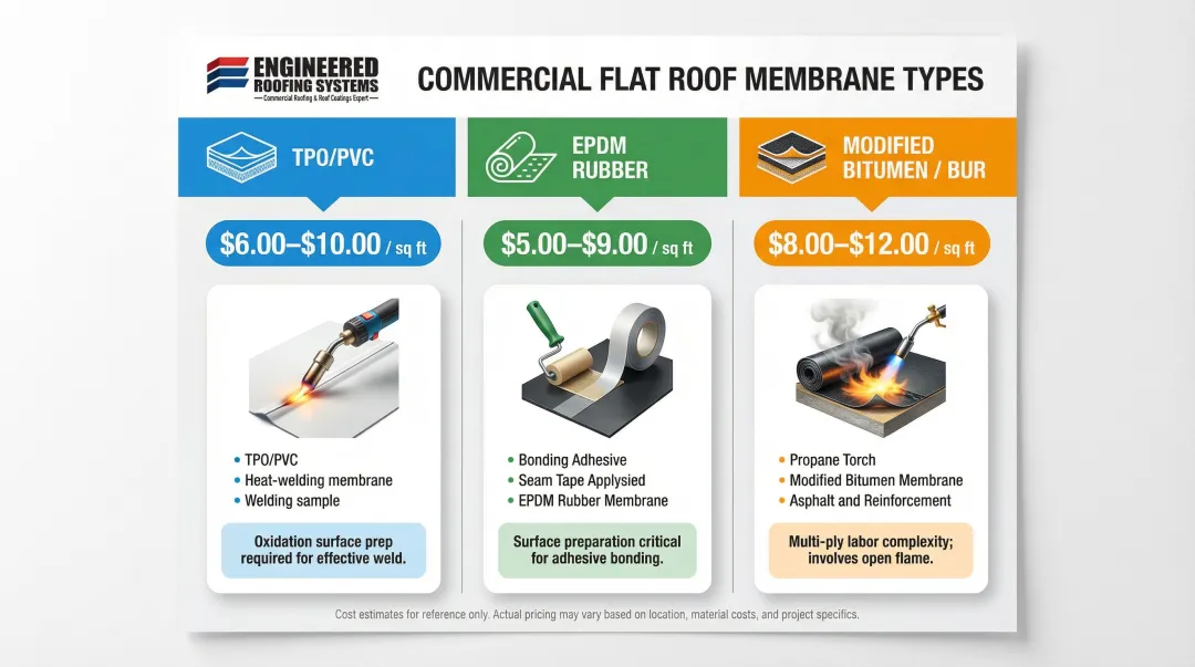 Commercial flat roof membrane types TPO EPDM modified bitumen repair cost comparison