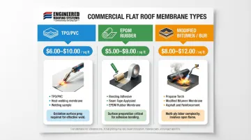 Commercial flat roof membrane types TPO EPDM modified bitumen repair cost comparison