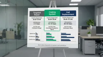 Repair versus coating versus full roof replacement cost per year of life comparison table