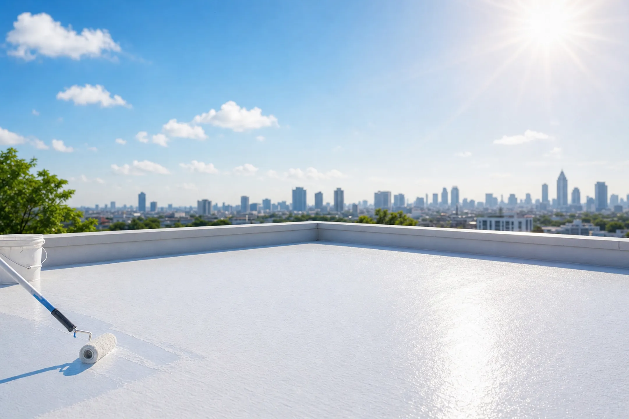 Reflective cool roof coating reducing building cooling energy demand