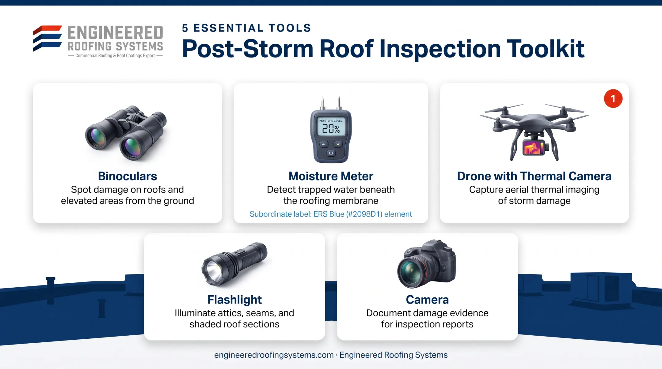 Post-storm commercial roof inspection tools checklist with icons