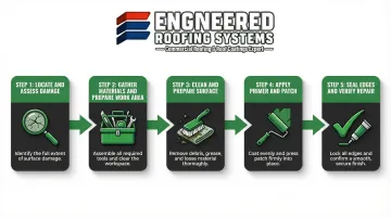 Five-step EPDM flat rubber roof repair process from damage assessment to edge sealing