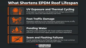 Four common EPDM lifespan factors including UV exposure thermal cycling and ponding water