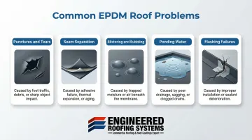 Five flat rubber roof failure types from punctures to flashing failures visual guide