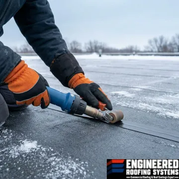 Close-up of rubber roof membrane repair work on Minnesota commercial building