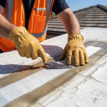 Roofing technician applying fiberglass repair material to industrial roof surface