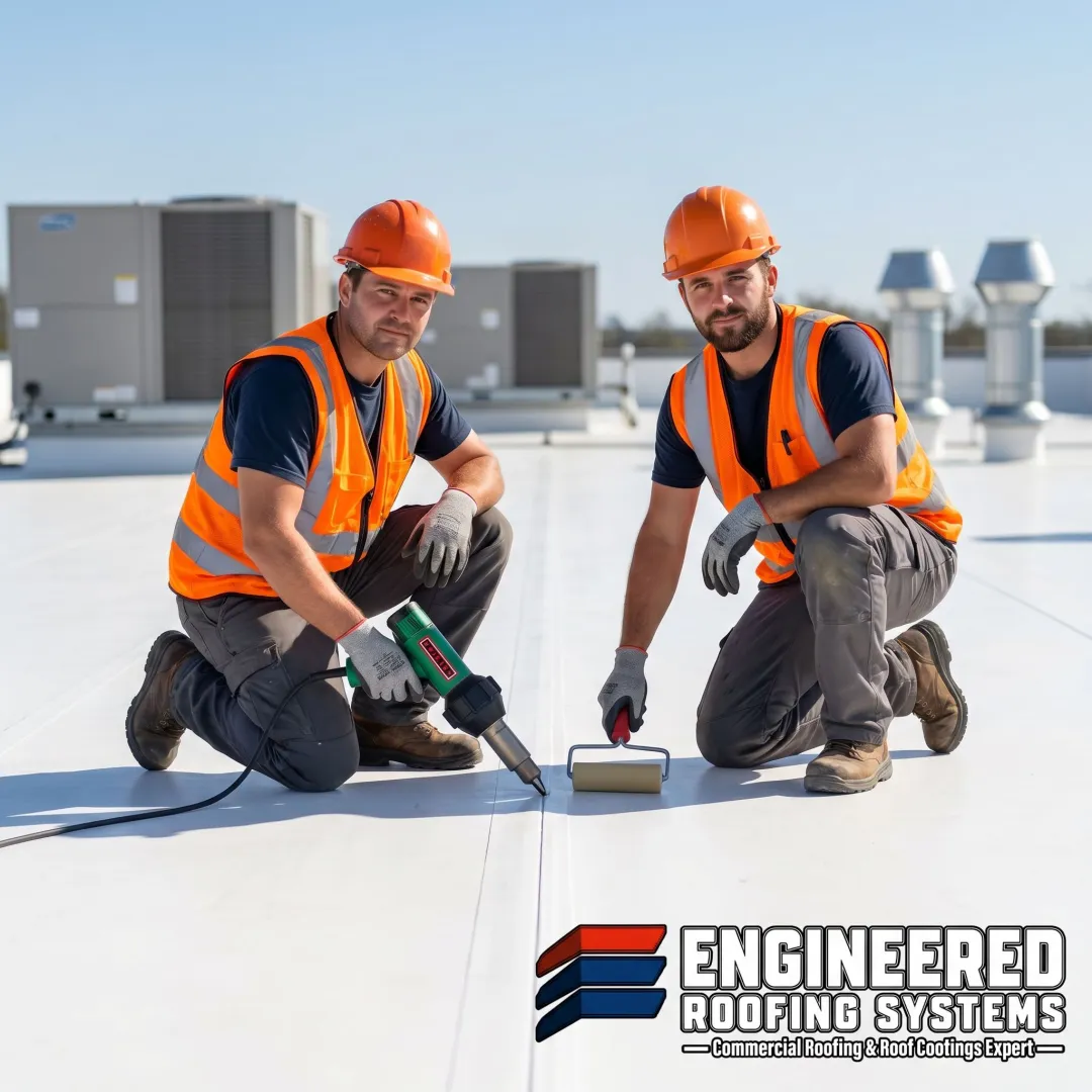 Technicians heat-welding PVC roofing seams