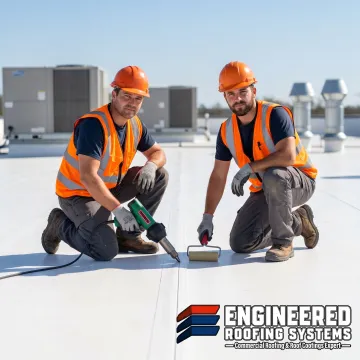 Technicians heat-welding PVC roofing seams