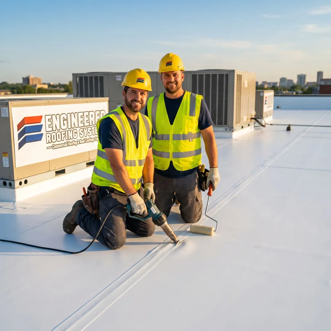Technicians installing single-ply membrane roofing