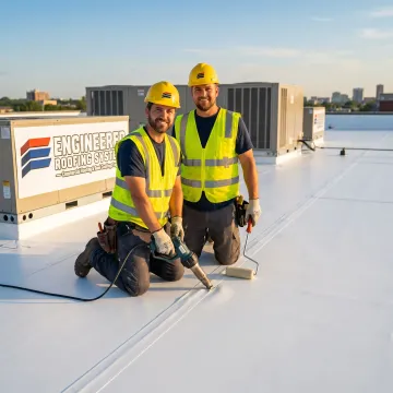 Technicians installing single-ply membrane roofing