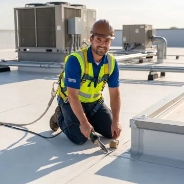 Technician repairing seams on a commercial flat roof