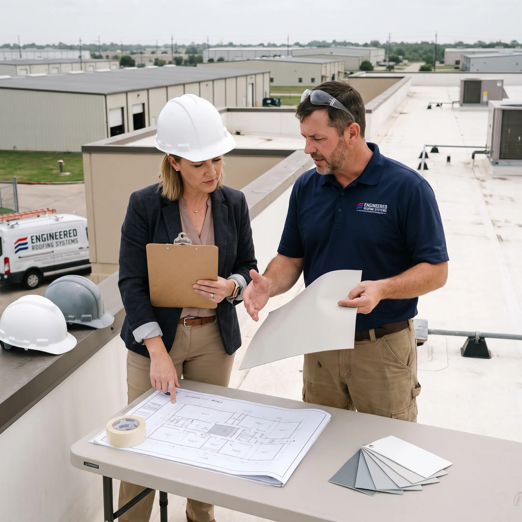 Commercial roof replacement planning meeting