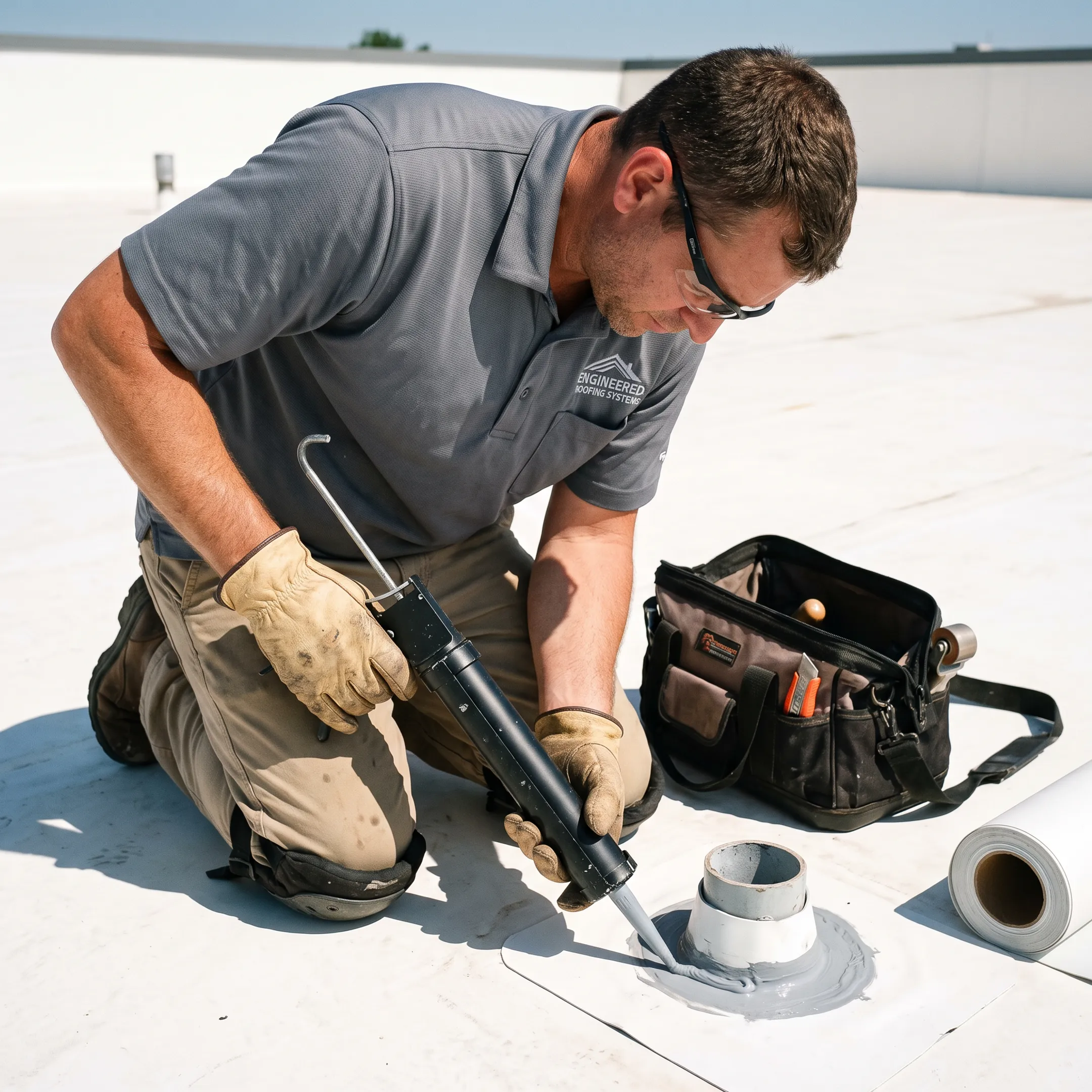 Commercial roofer sealing a roof penetration