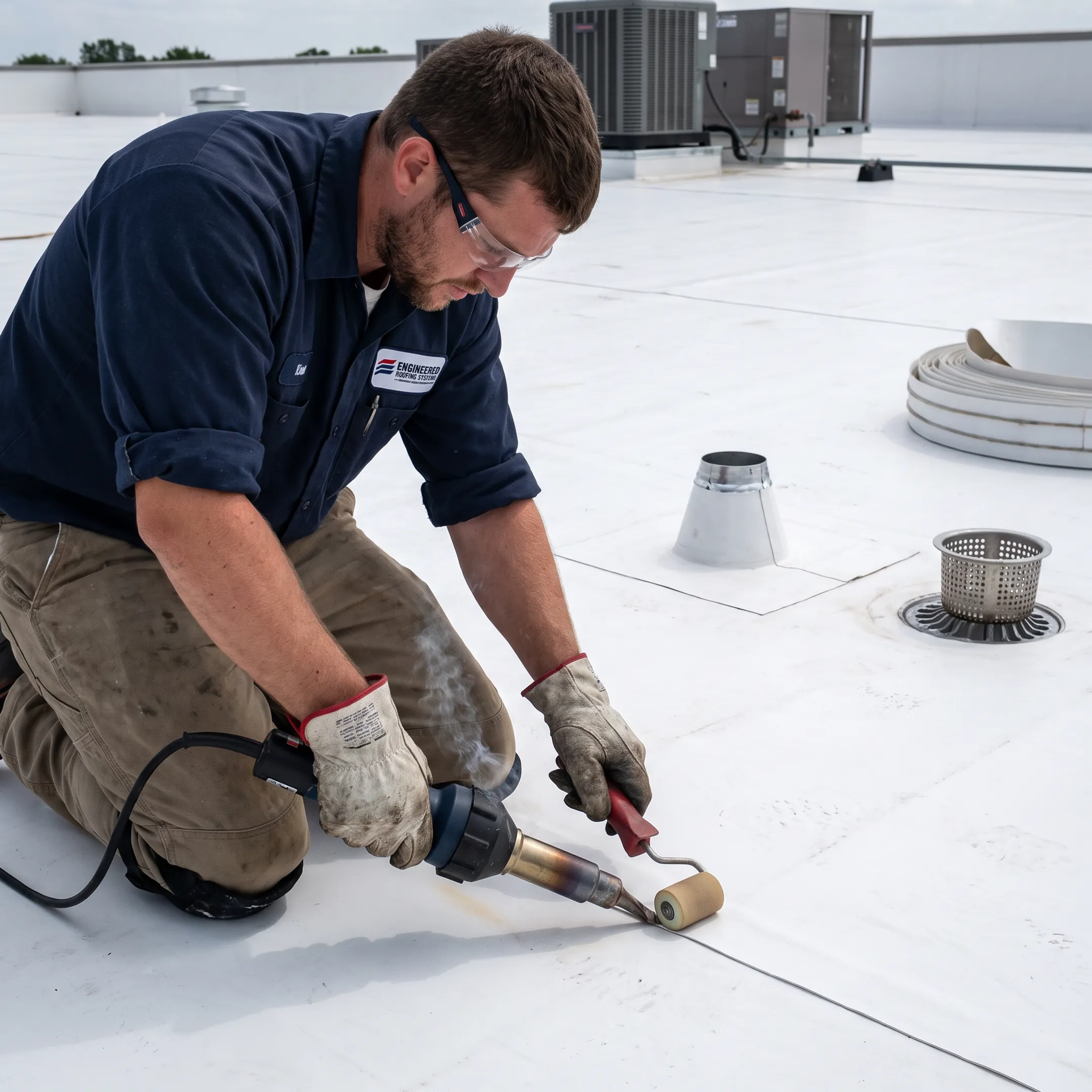 Technician welding a single-ply roof seam