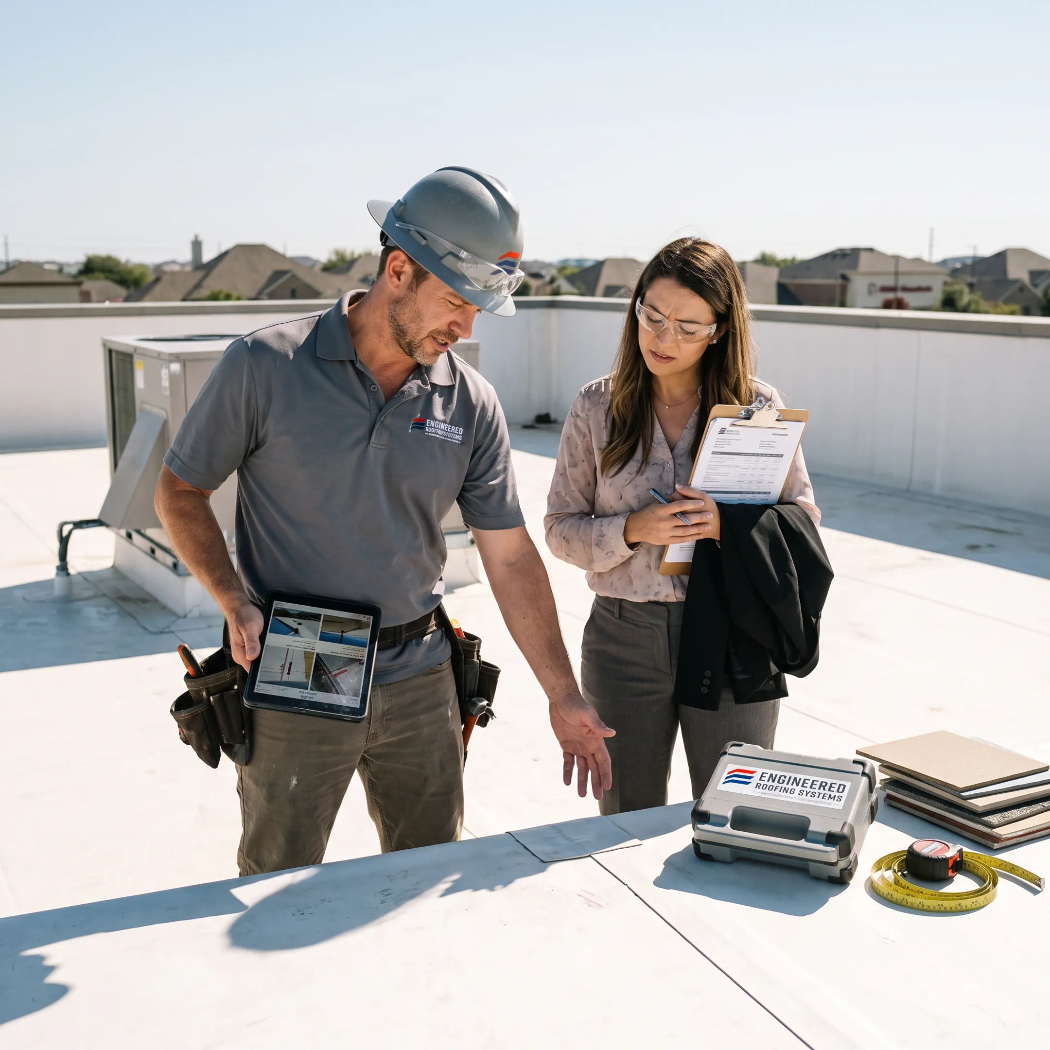 Contractor reviewing commercial roof inspection findings