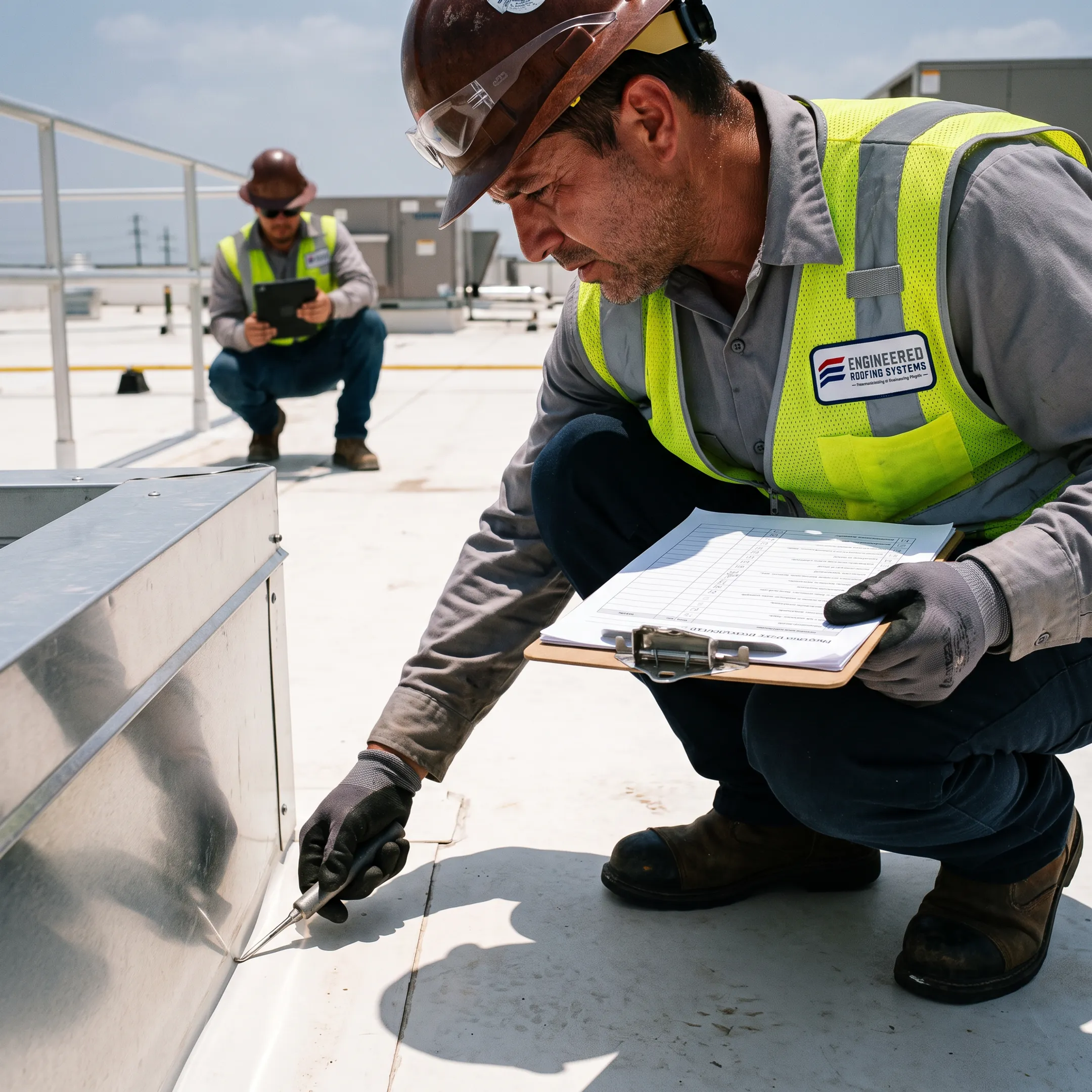 Roofer documenting a commercial roof inspection