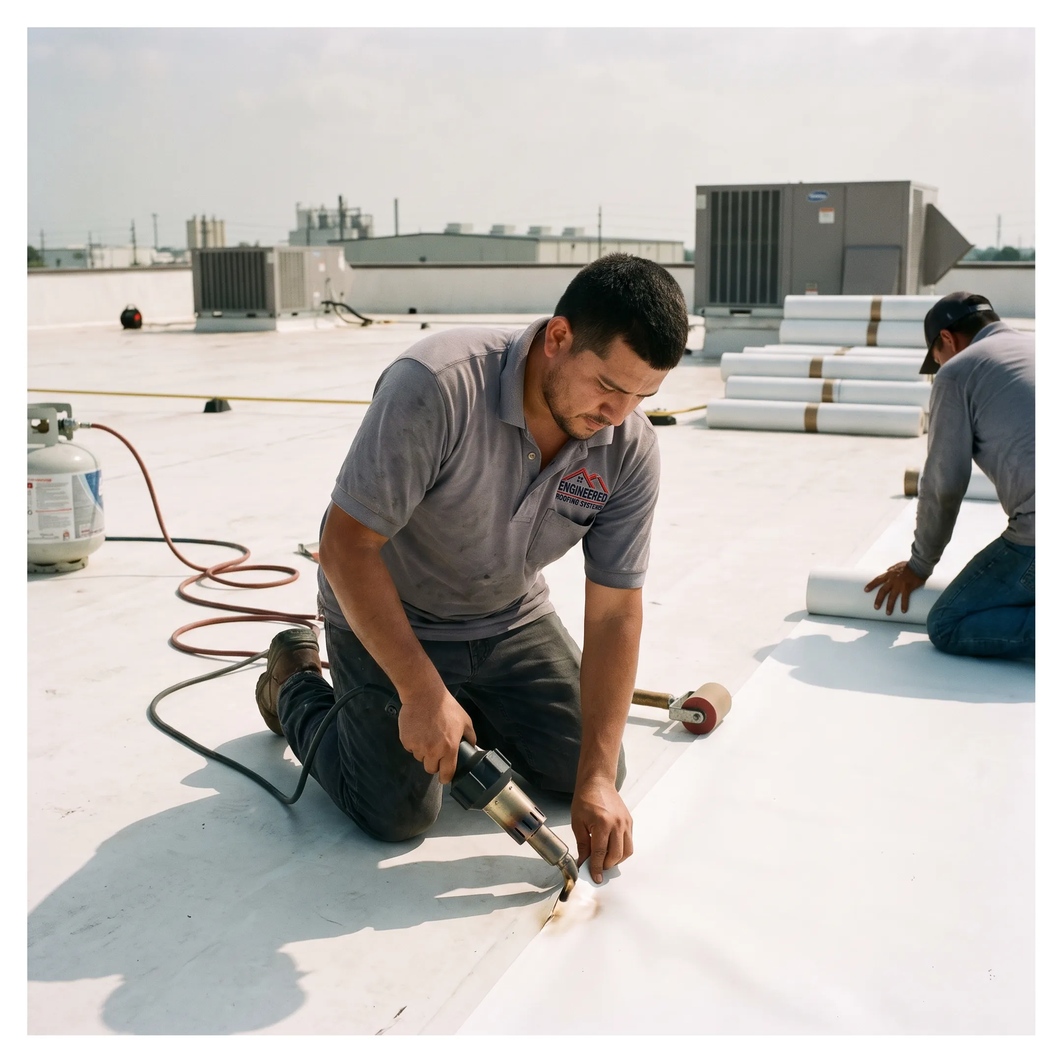 Technicians installing commercial membrane roofing