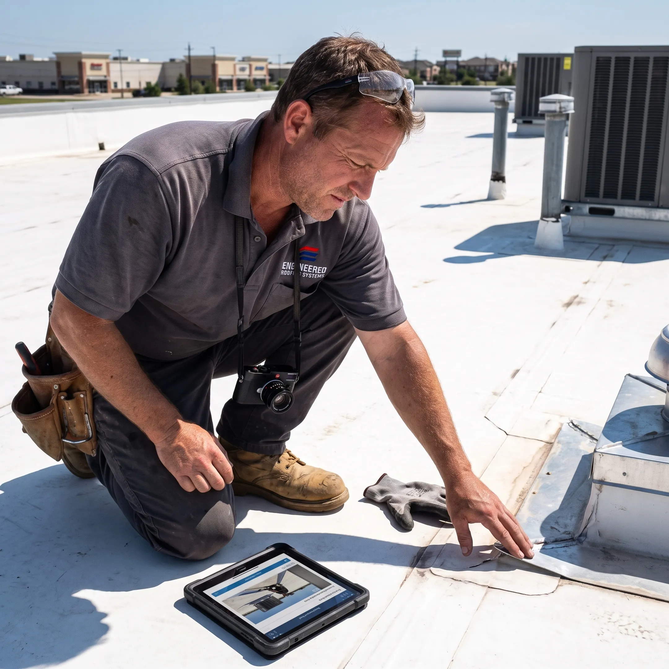 Commercial roofer inspecting membrane damage