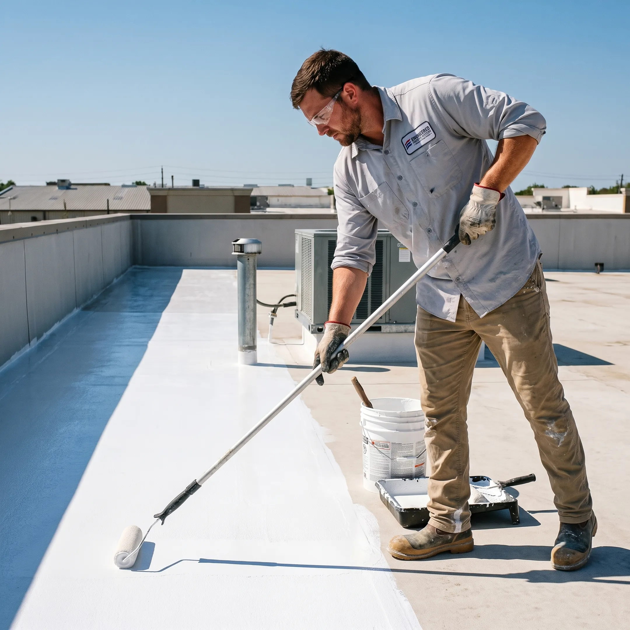 Technician applying protective commercial roof coating