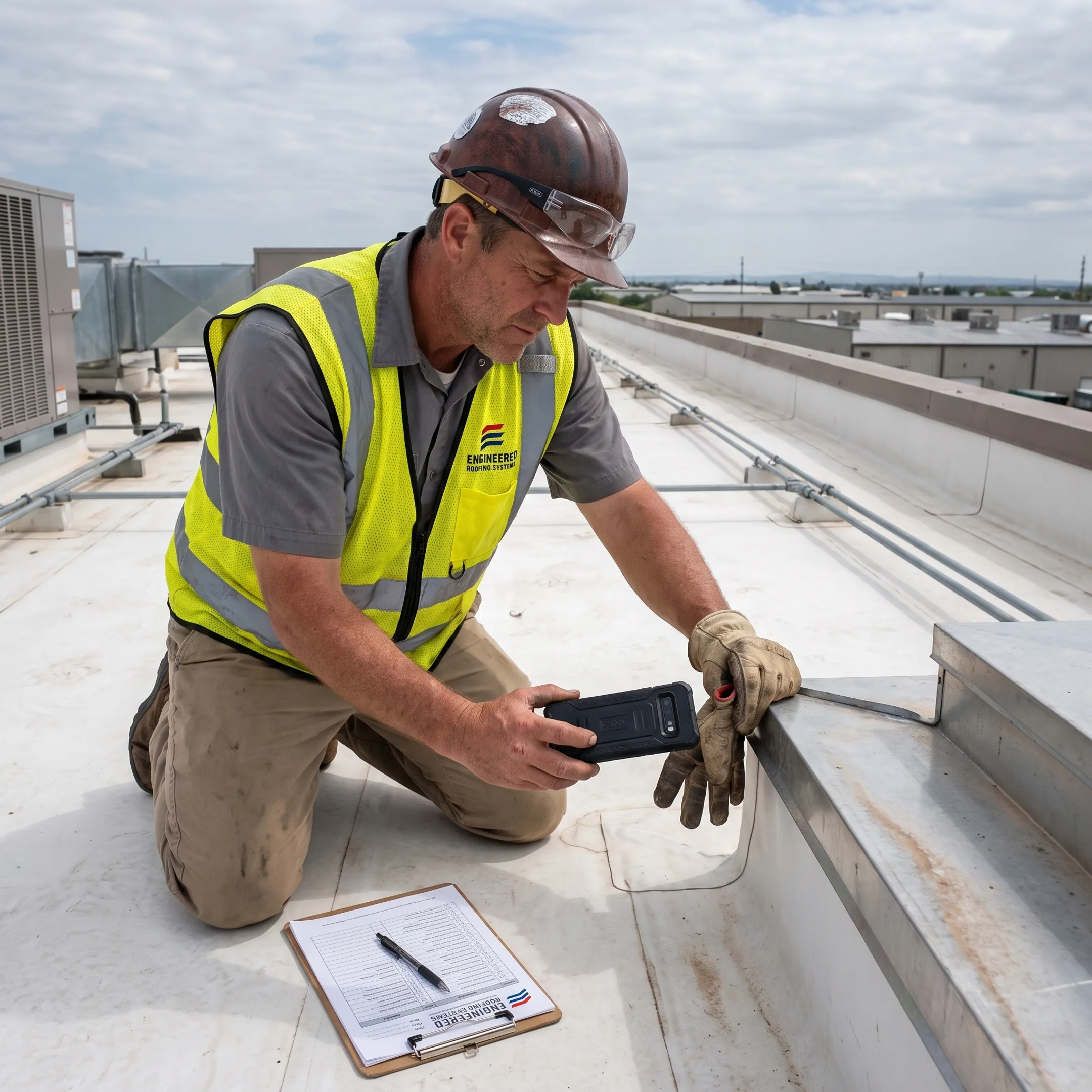 Inspector documenting a commercial roof condition
