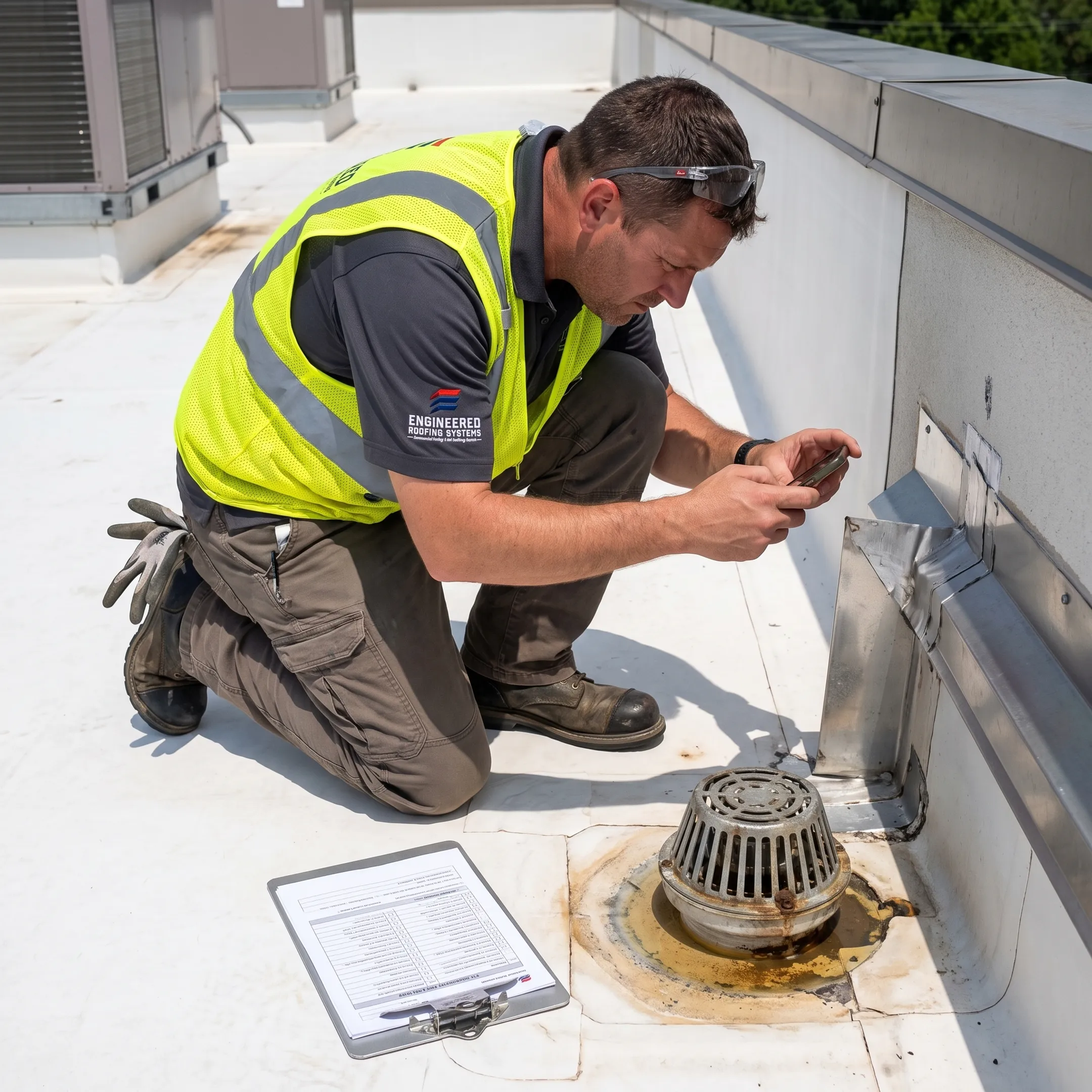 Technician documenting commercial roof conditions