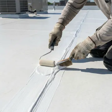 Close-up of industrial roof repair work showing membrane installation and weatherproofing
