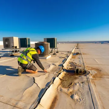 Industrial roofing technician inspecting flat roof membrane on manufacturing facility