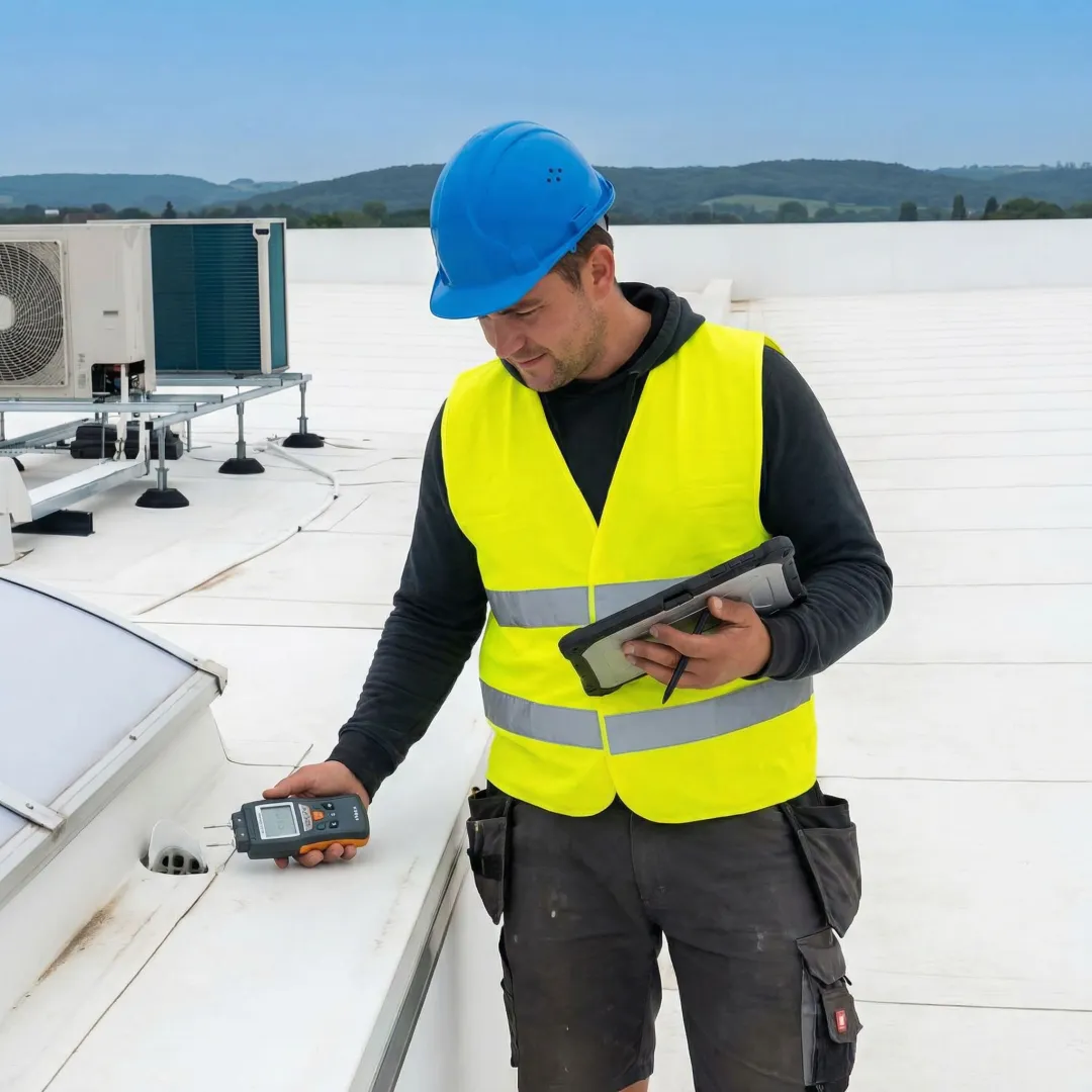 Industrial roofing technician inspecting flat roof membrane for repair needs