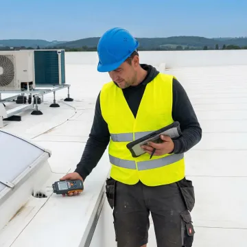 Industrial roofing technician inspecting flat roof membrane for repair needs