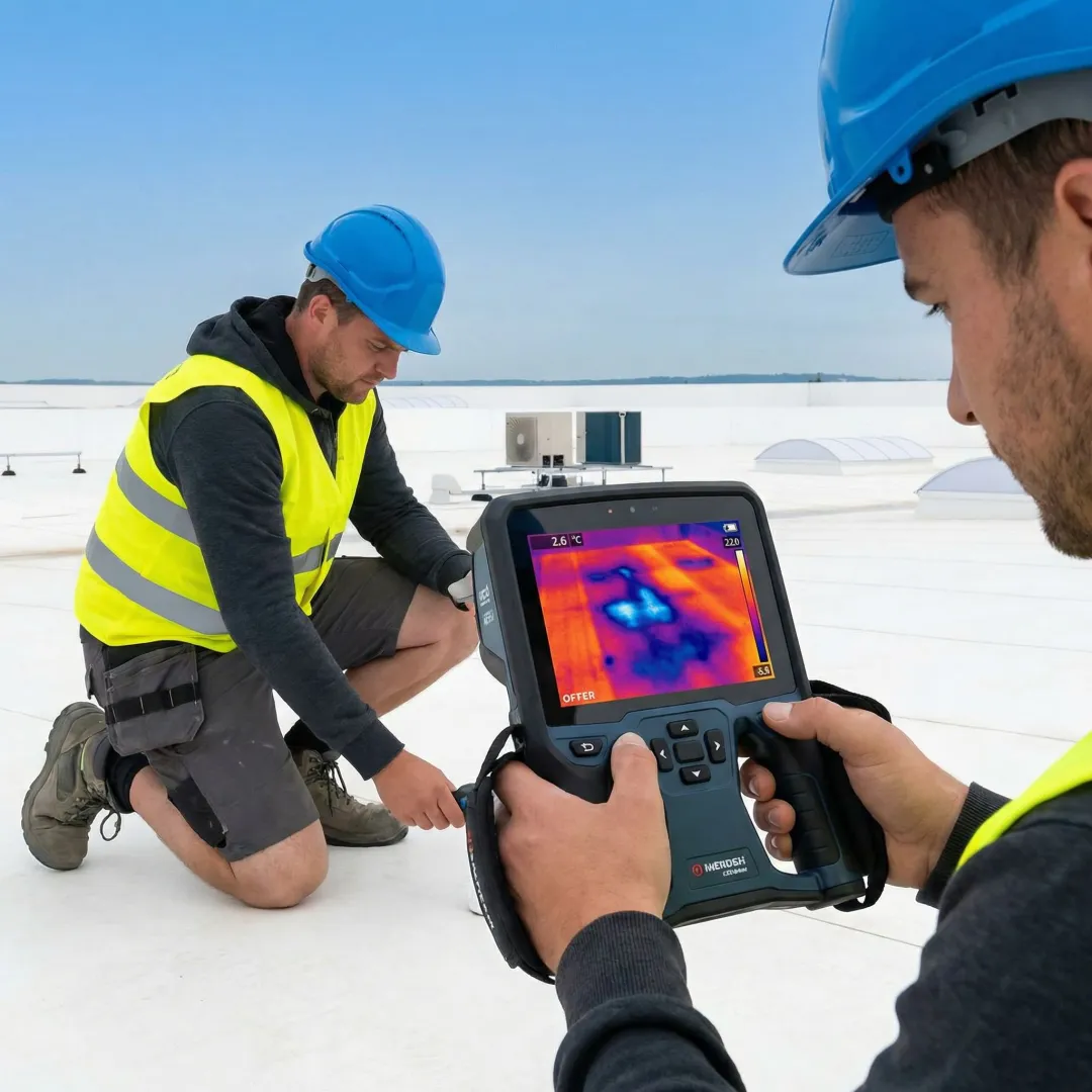 Roofing technician conducting flat roof leak inspection with moisture detection equipment