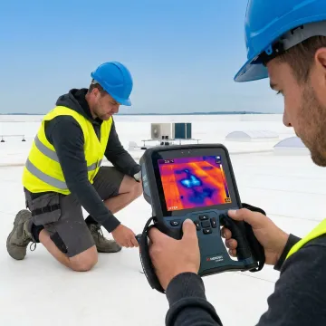 Roofing technician conducting flat roof leak inspection with moisture detection equipment